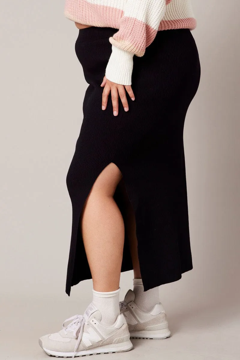 Black Rib Knit One Split Skirt Casual Moments Fashion Forward