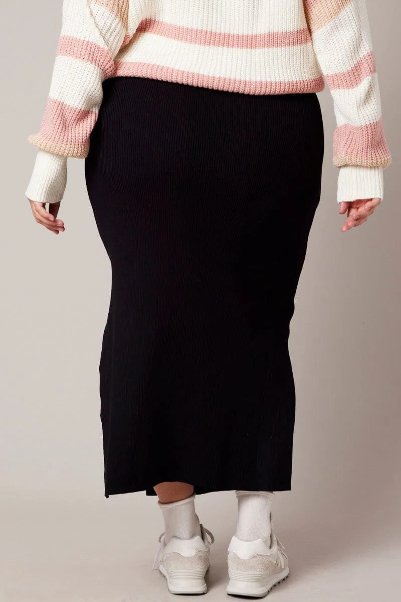 Black Rib Knit One Split Skirt Modern Wardrobe