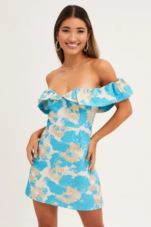 Weighted Hem Stylish mini for brunch Print Volume Off Shoulder Jacquard Mini Dress