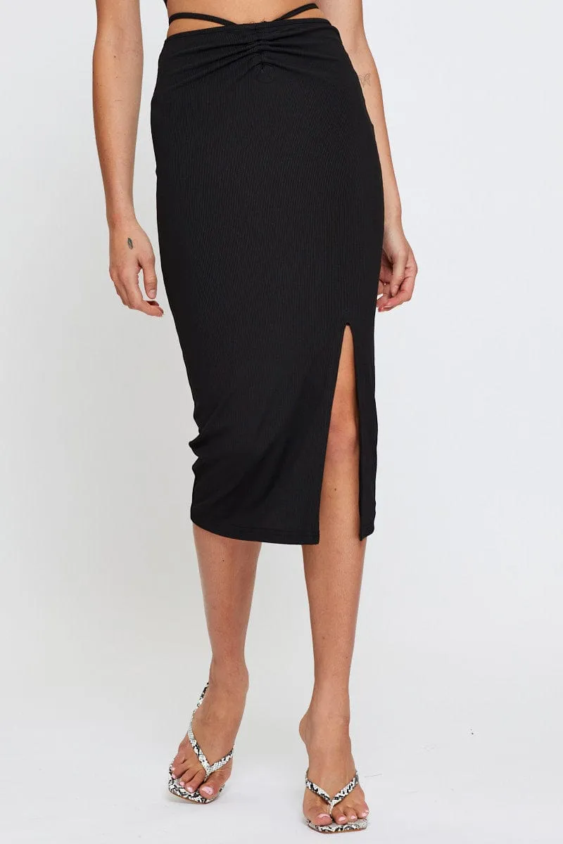 Black Ribbed Bodycon Midi Skirt ruffle trim