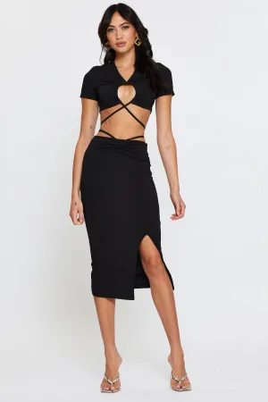 Black Ribbed Bodycon Midi Skirt Urban Fashion party look