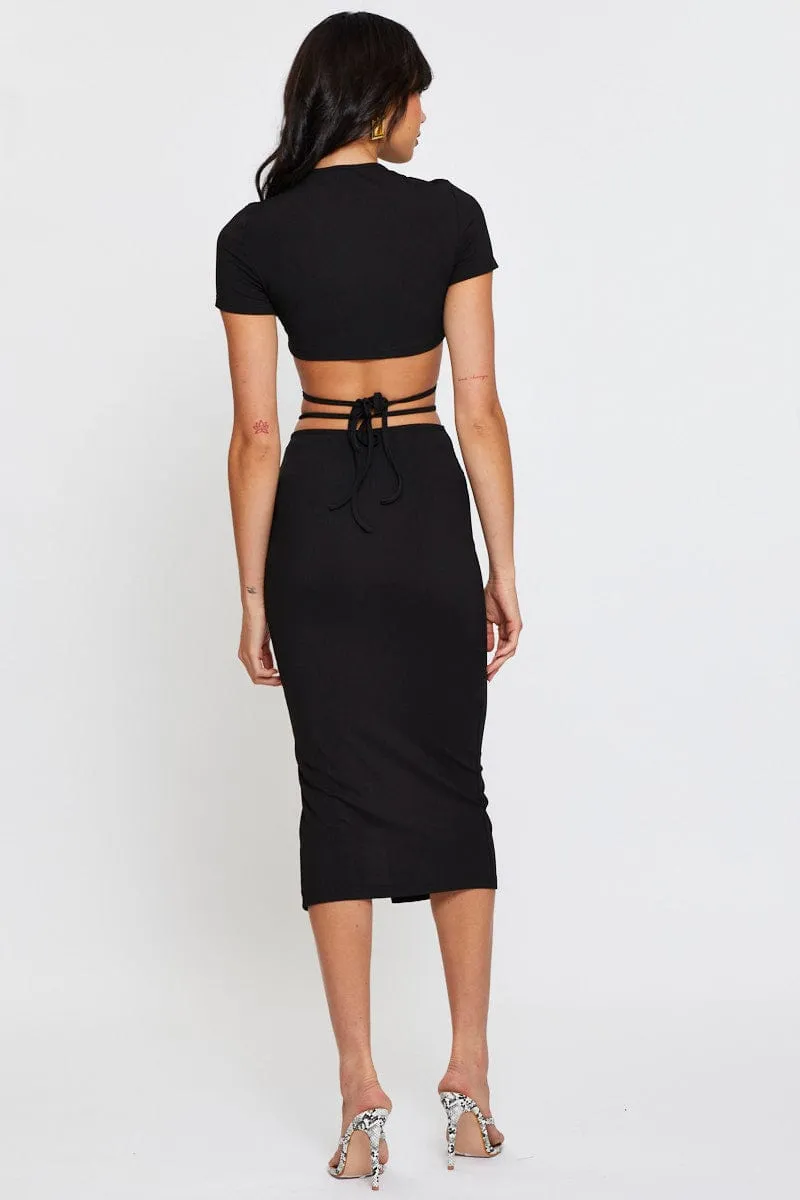 Black Ribbed Bodycon Midi Skirt Mall Brand Look Modern Design