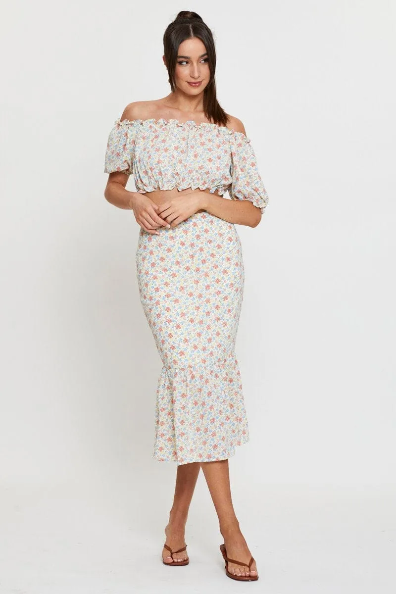 Print Midi Skirt High Waist Gentle Comfort Soft Layers