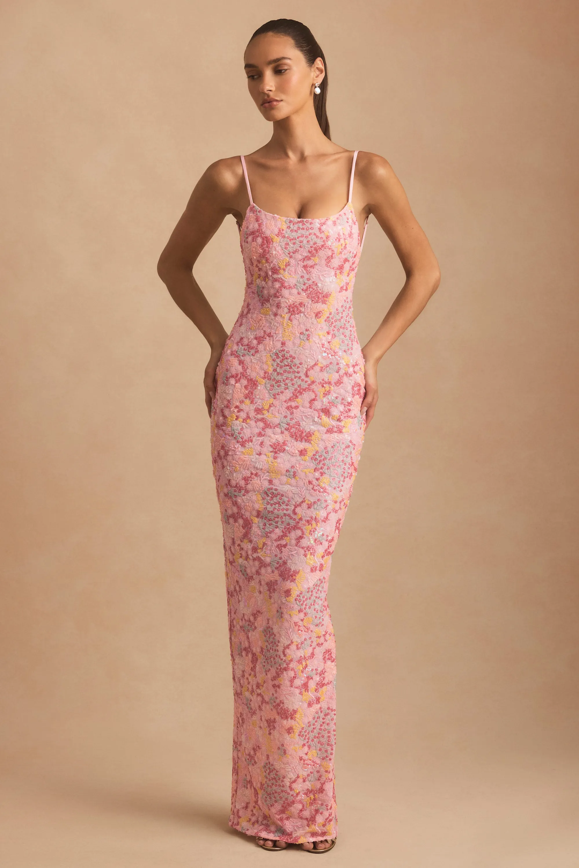 Dinner Date Gold Shine Embellished Scoop-Neck Backless Maxi Dress in Pink