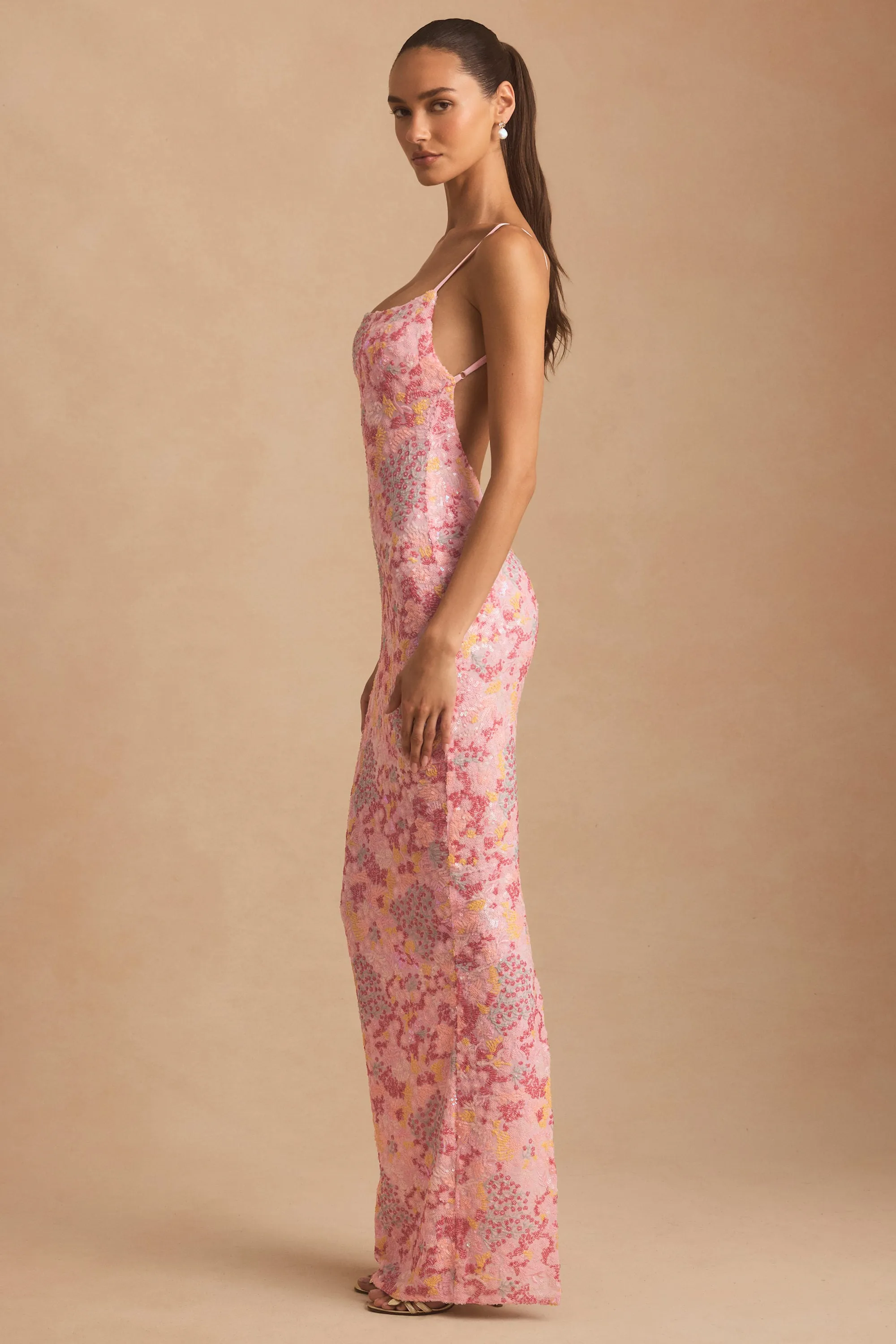 Embellished Scoop-Neck Backless Maxi Dress in Pink Georgette Glow Bride Maid