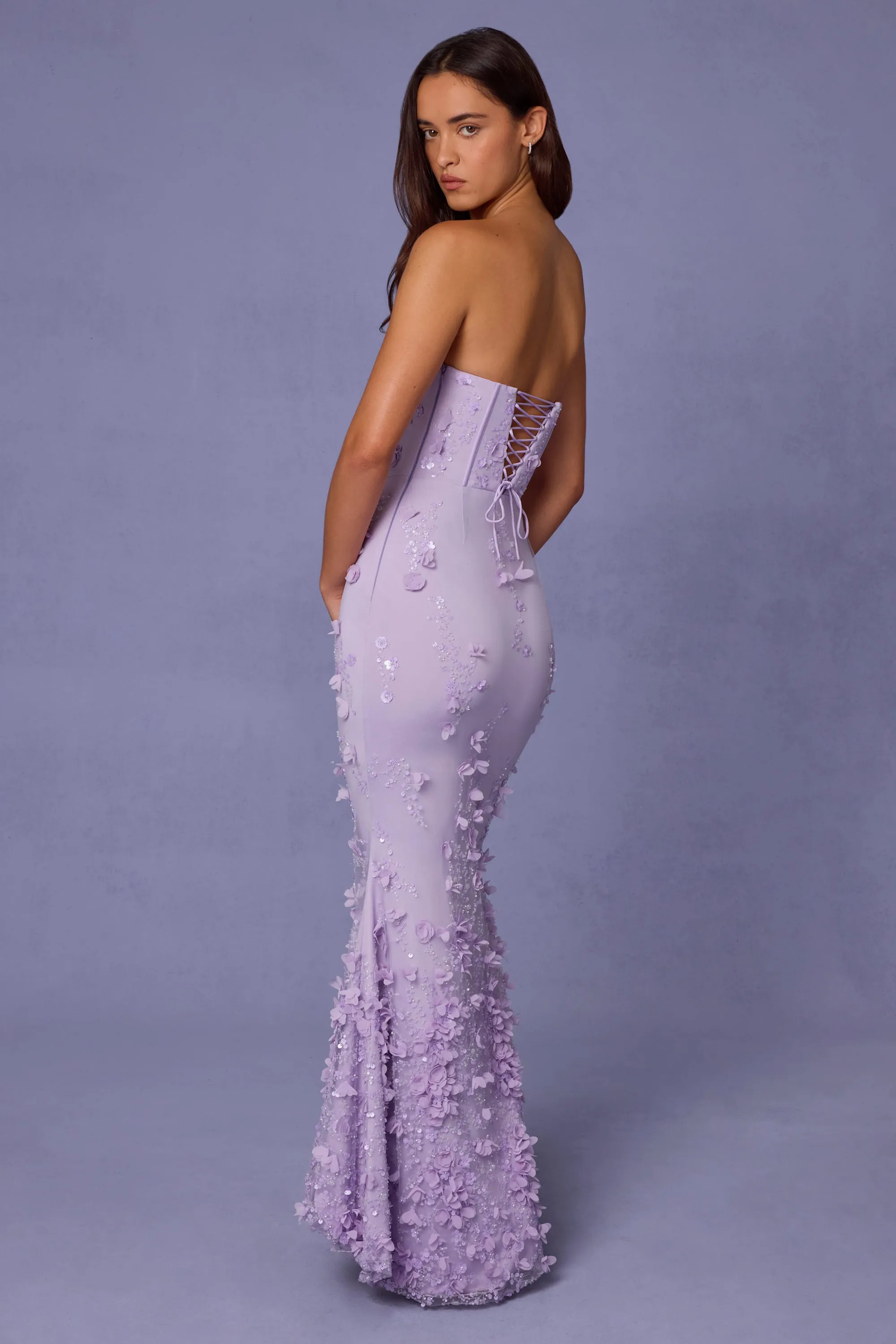 Lace-Up Corset Maxi Dress in Lilac Muslin Glow The easy-to-wear design of this maxi dress ensures that you can style it effortlessly