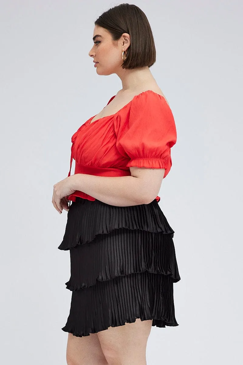 Black Mini Skirt Pleated Satin Layer Elegant Look Fresh Detail
