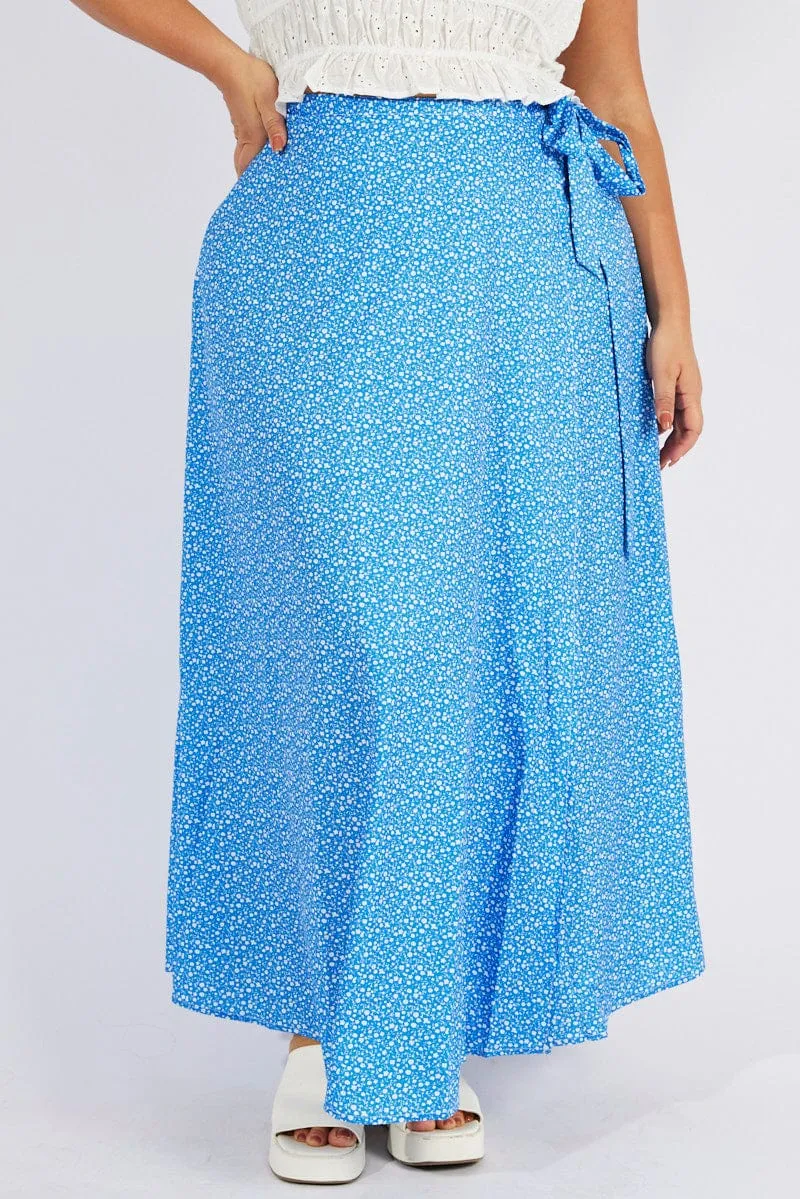 Erasable Crease Blue Ditsy Wrap Maxiskirt