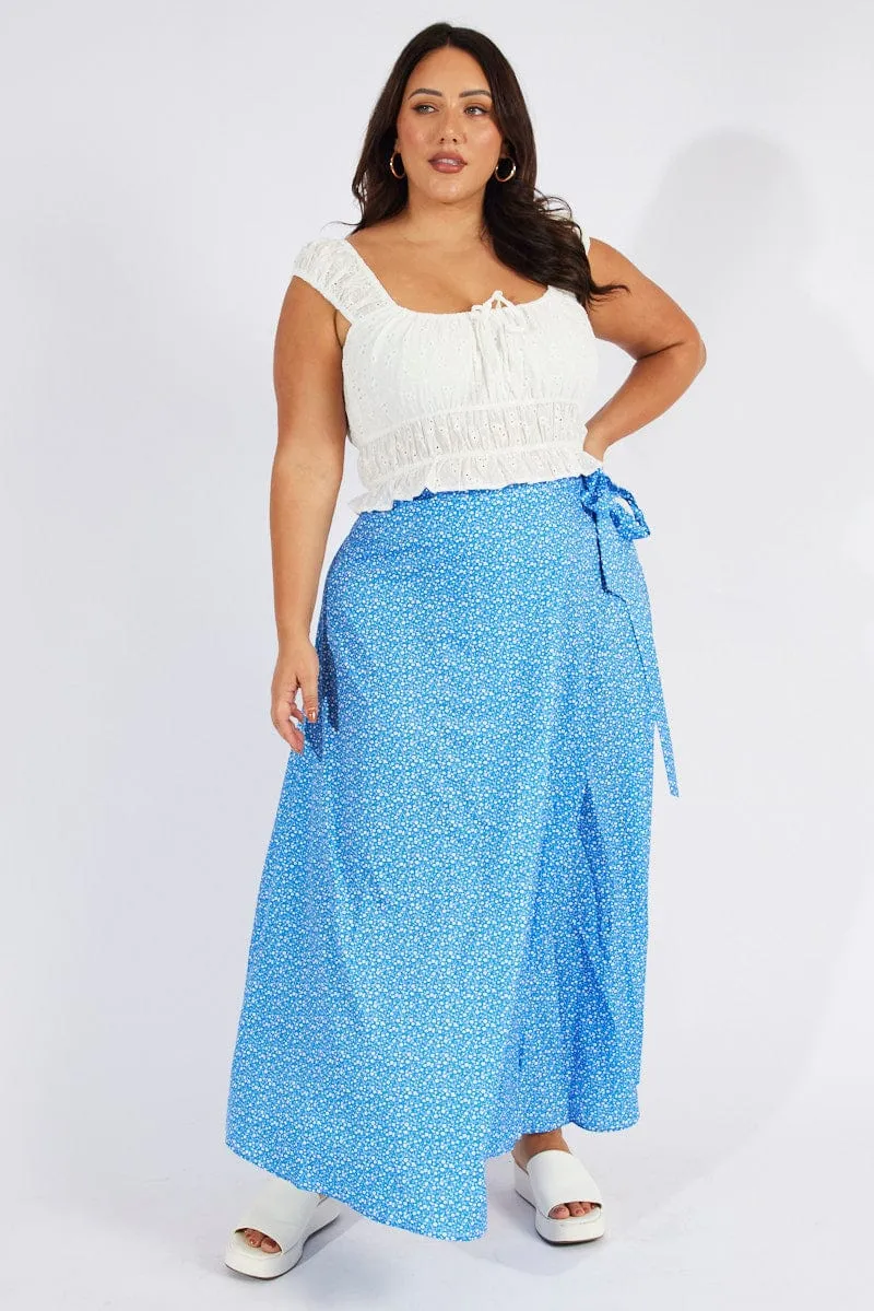 Fade Resistant Cloth Blue Ditsy Wrap Maxiskirt