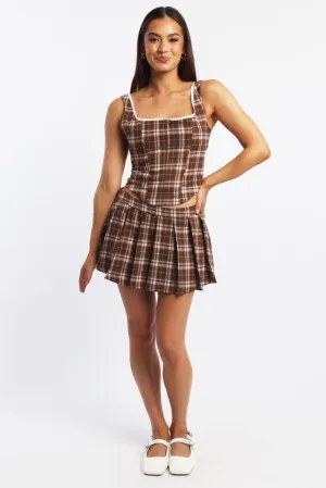 Beige Check Mini Skirt Skort Mid Rise Pleated Stretch Lining Fashion Forward Soft Lines