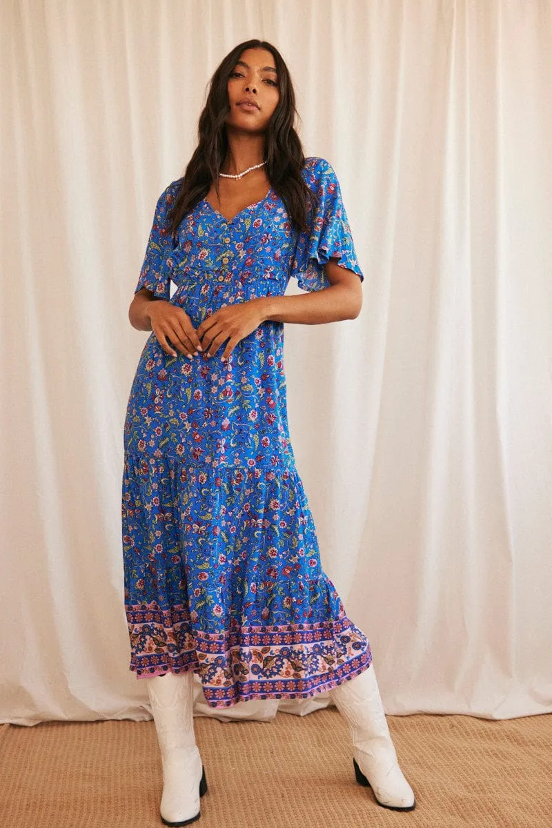 Spanish Heat Blue Boho Maxi Dress Short Sleeve V-Neck