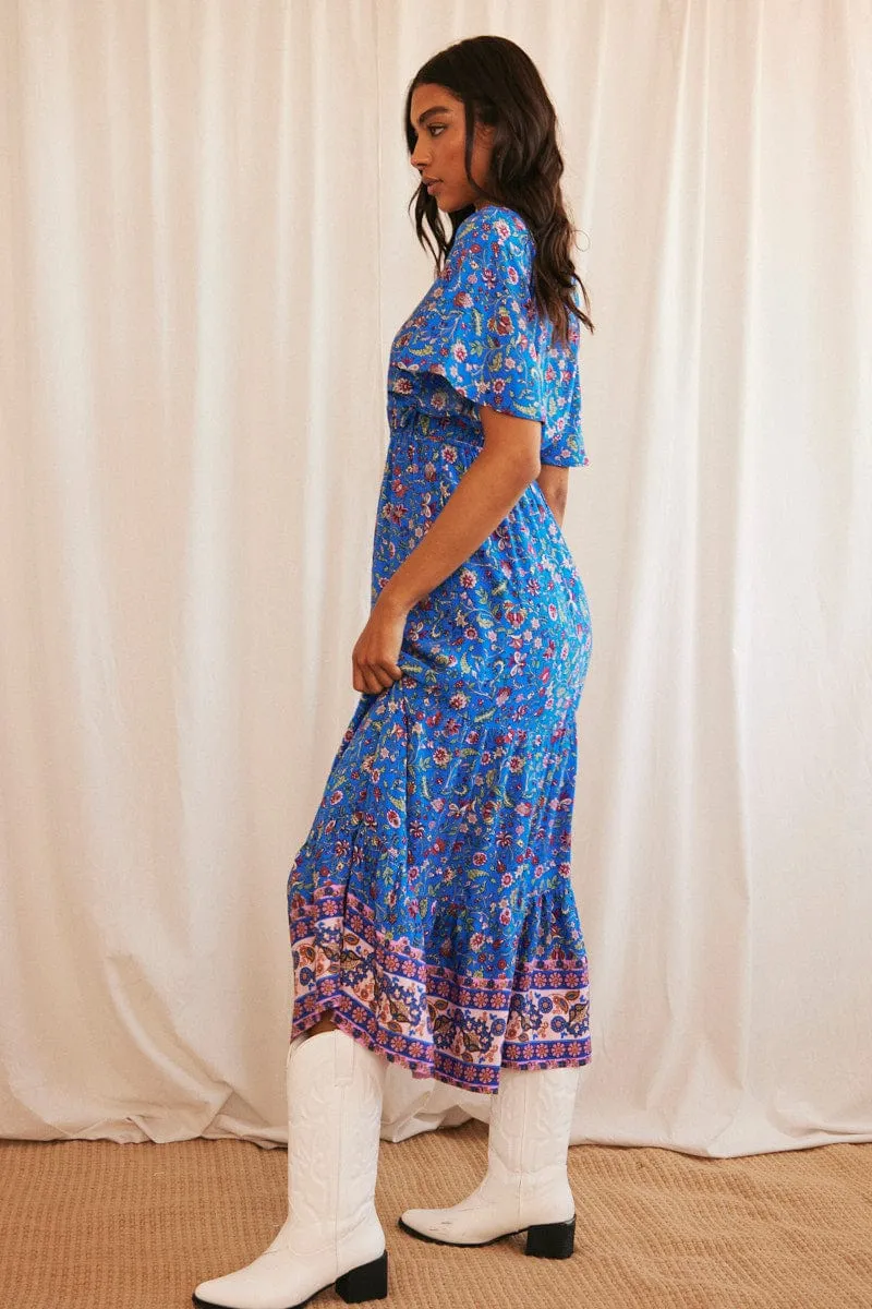 Petal Path Resort Stay Blue Boho Maxi Dress Short Sleeve V-Neck