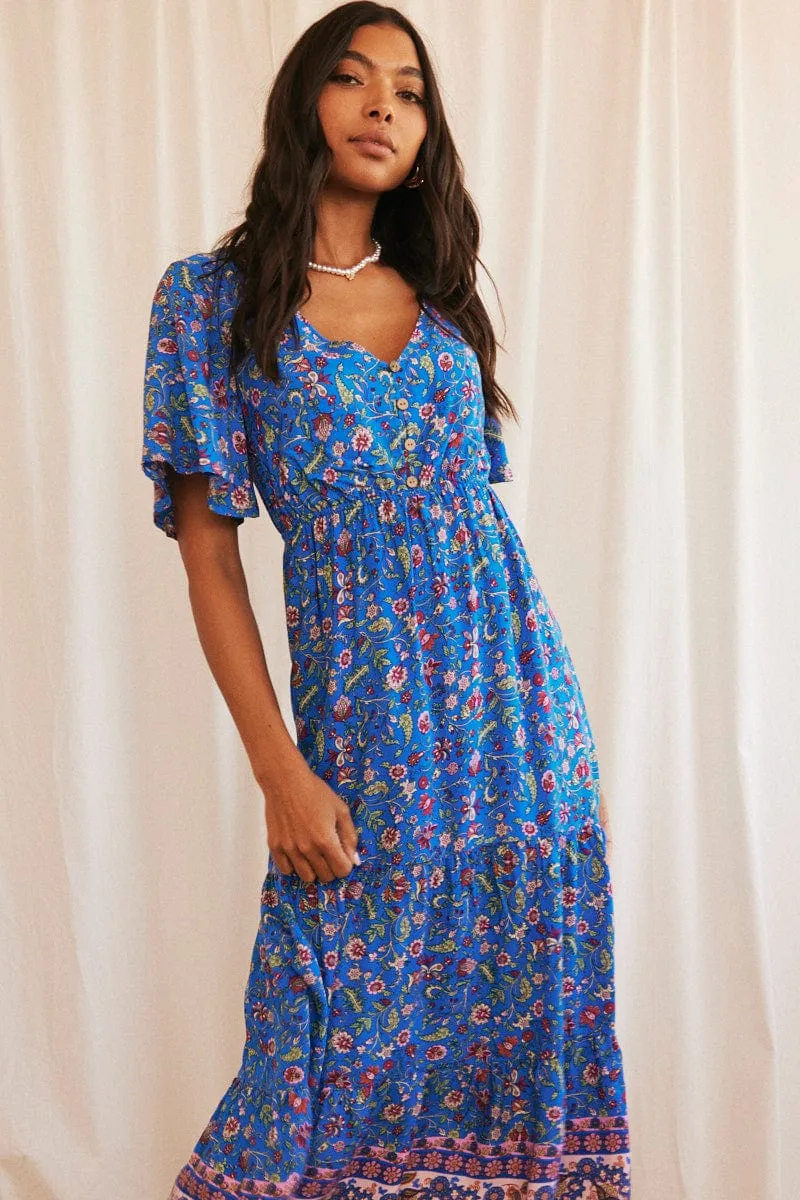 Coral Shine Ruby Glow Blue Boho Maxi Dress Short Sleeve V-Neck