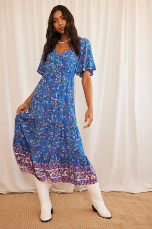 Linen Glow Blue Boho Maxi Dress Short Sleeve V-Neck