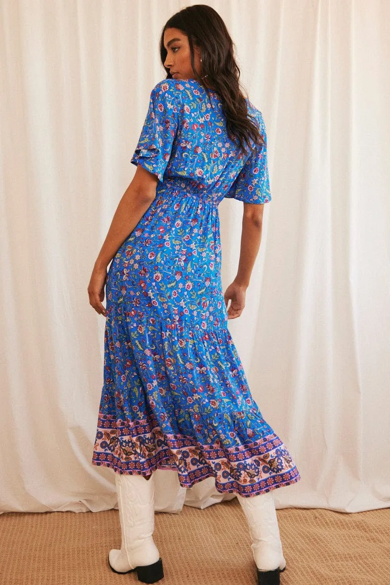 Blue Boho Maxi Dress Short Sleeve V-Neck Resort Stay
