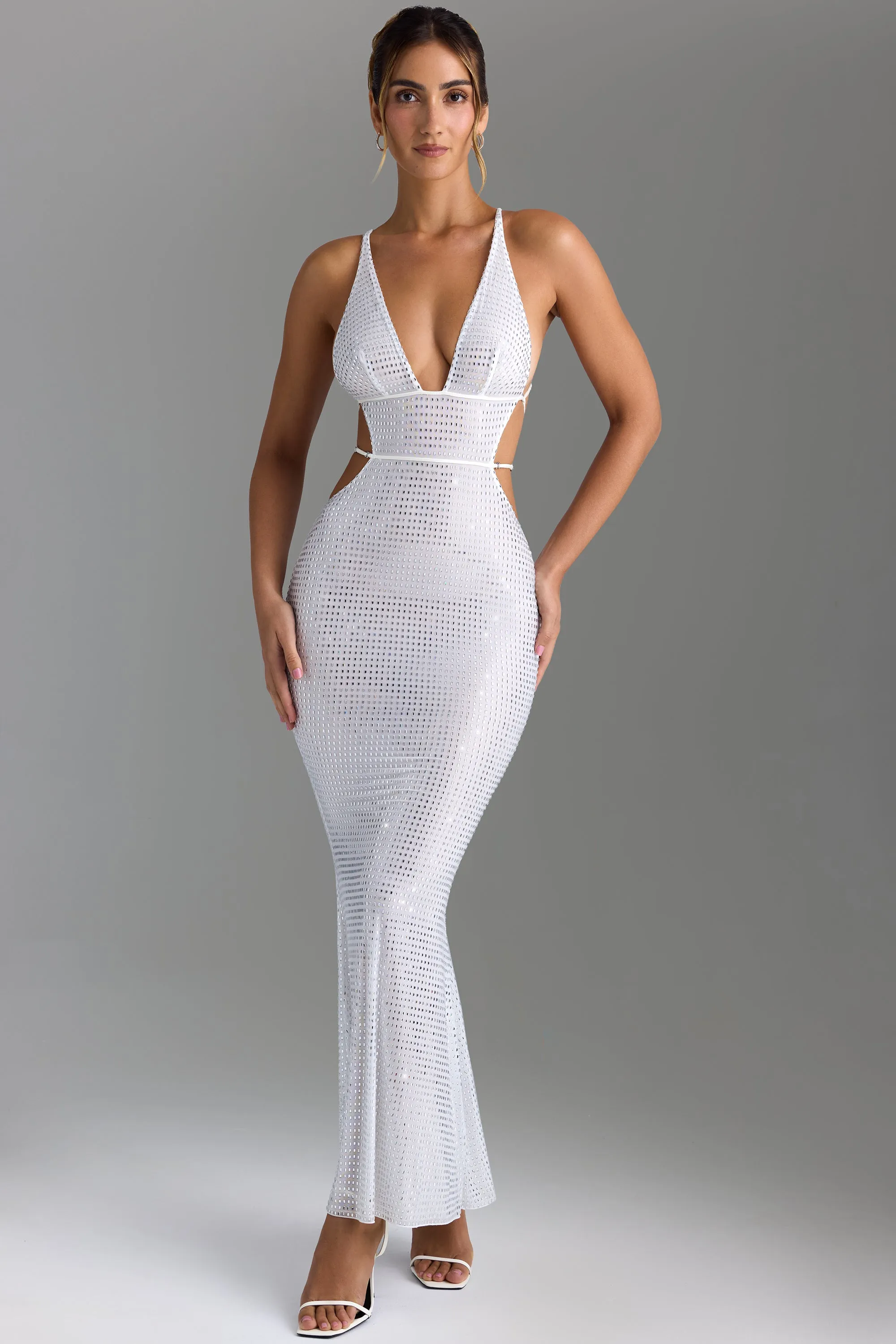 Embellished Cut-Out Maxi Dress in White Silk Drape Fantasy Touch