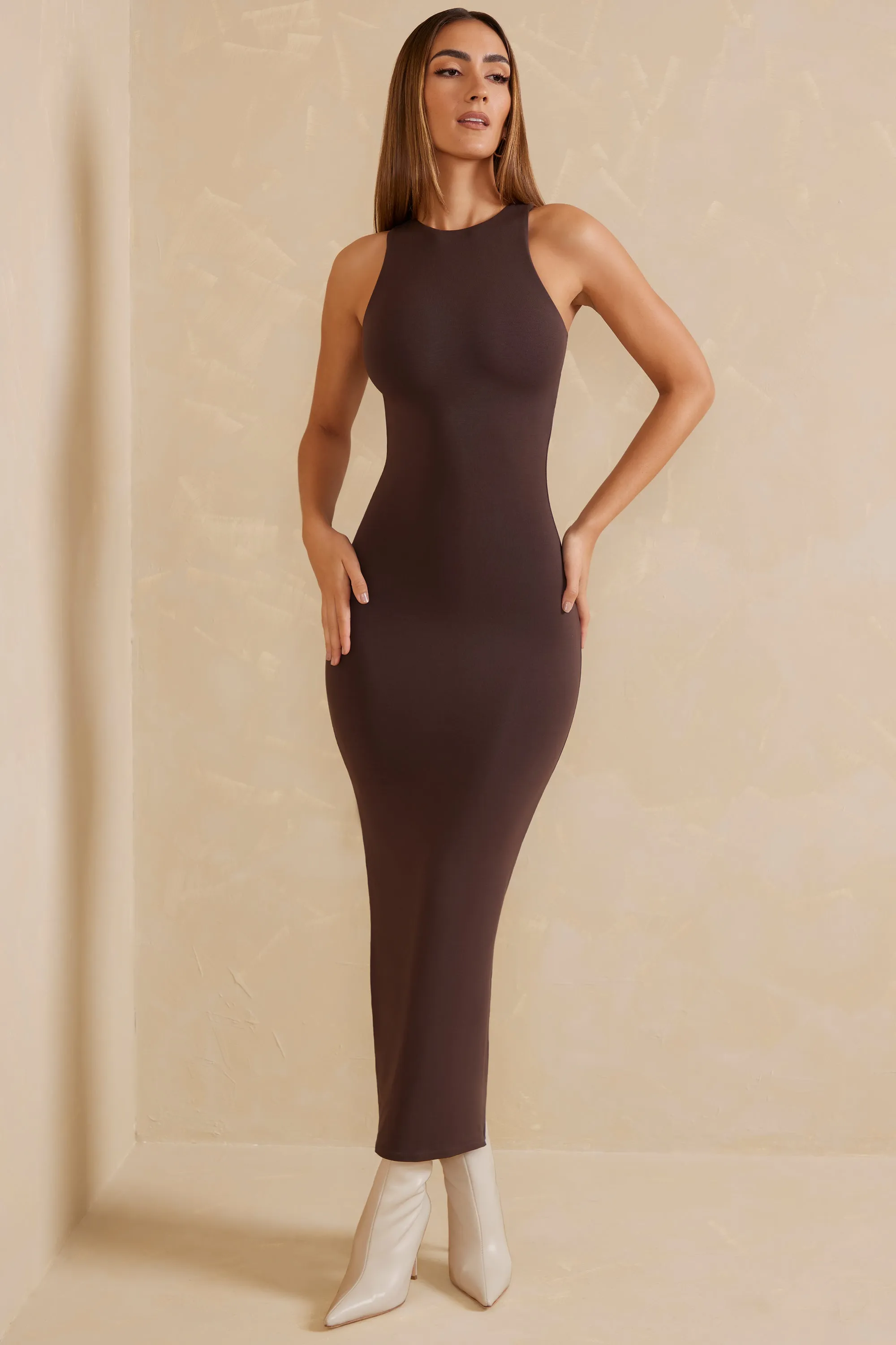 Open Back Racer Neck Maxi Dress in Chocolate Effortless chic full-length dress White Pure