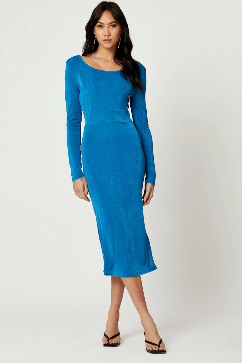 Joy Mood StaticFree Material Blue Slinky Jersey Bodycon Dress
