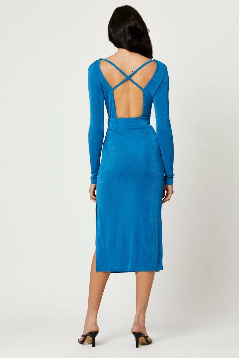 Breathable Material Hypoallergenic Fibers Blue Slinky Jersey Bodycon Dress