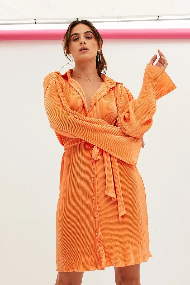Lightweight Construction Orange Plisse Shirt Dress Front Button