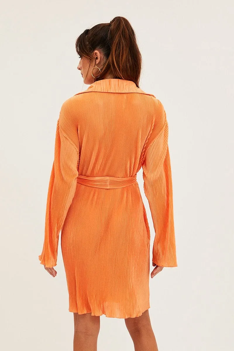 Vision Fit Universal Clasp Mechanism Orange Plisse Shirt Dress Front Button