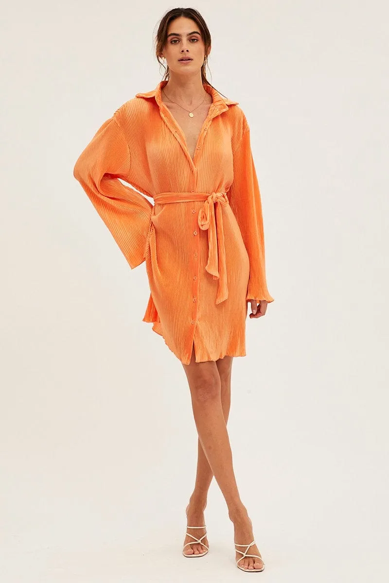 Orange Plisse Shirt Dress Front Button Comfortable Hoodie Outdoor Gear