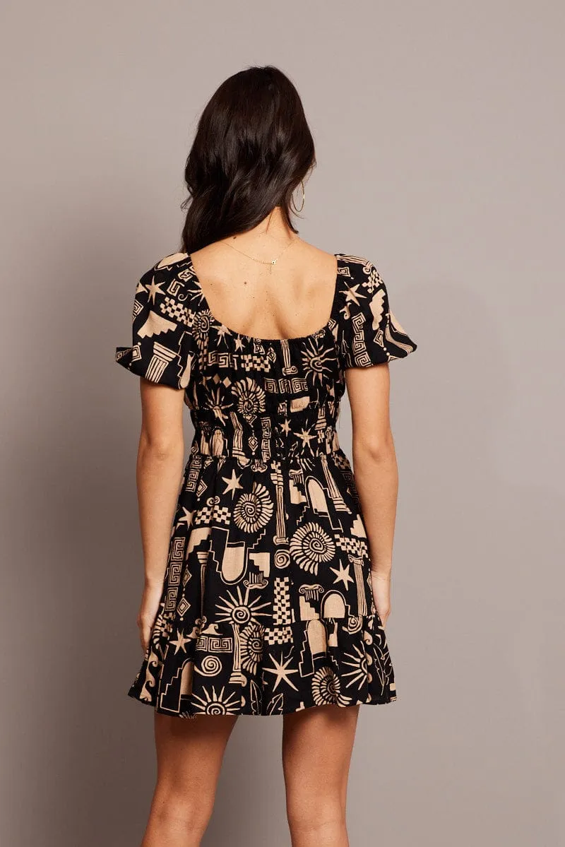 Black Abstract Fit And Flare Dress Puff Sleeve Mini Zen Ease Cozy Design