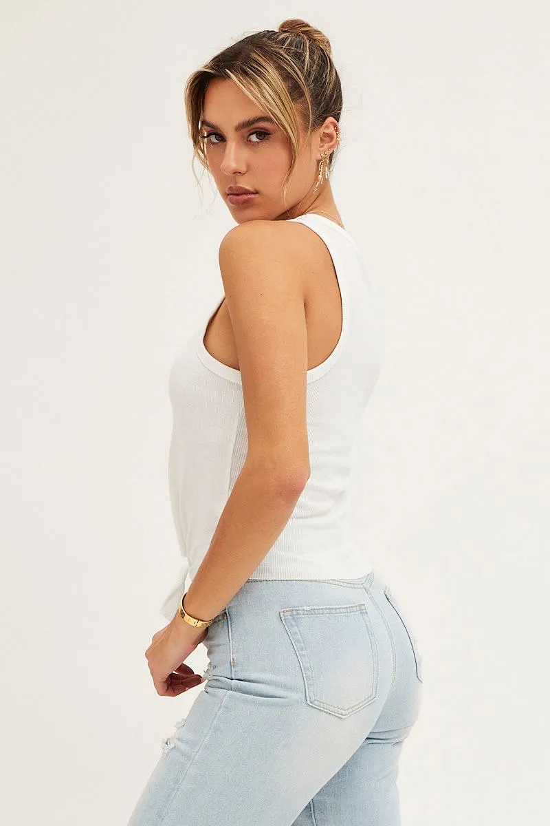 White Rib Knot Front Tank Top Antibacterial Finish