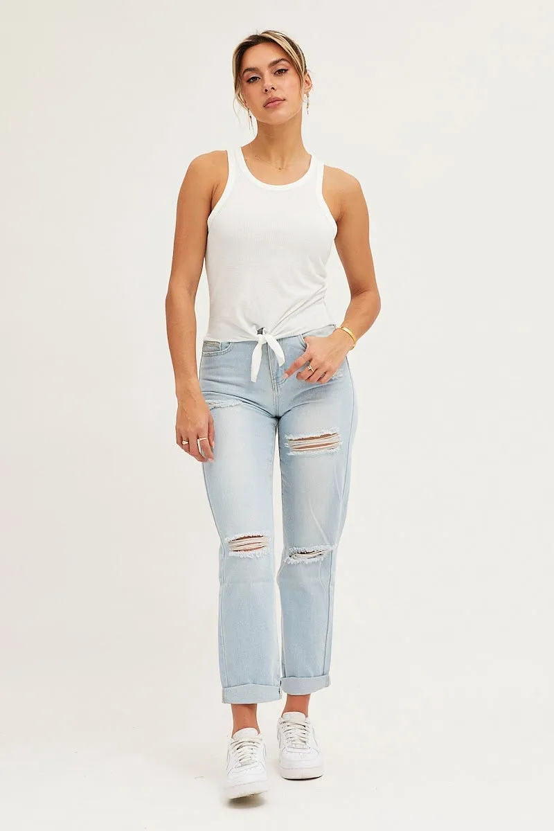 Summer Ready WrinkleFreeTexture White Rib Knot Front Tank Top