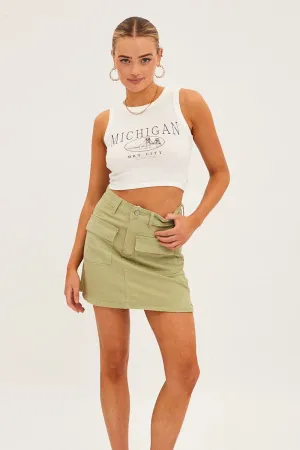 Green High Rise Cargo Mini Denim Skirt Midi length Detachable Tie
