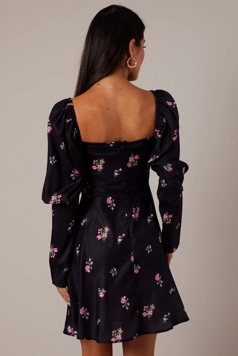 OdorResistant Material Tech Mood Black Floral Skater Dress Puff Sleeve Dress Swishy