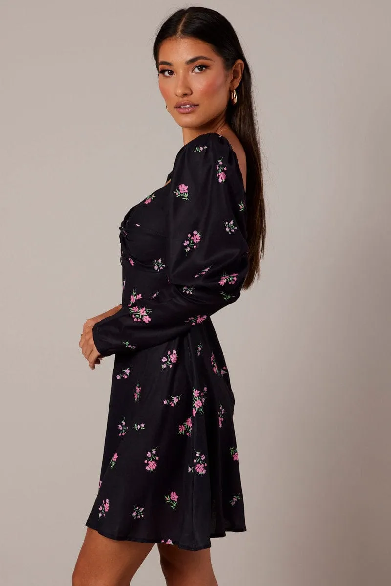 Stretch Ease Black Floral Skater Dress Puff Sleeve Dress Swishy