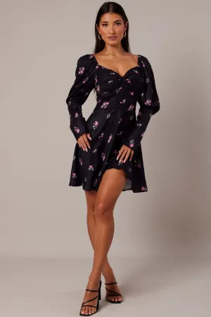 Black Floral Skater Dress Puff Sleeve Dress Swishy Calm Tone