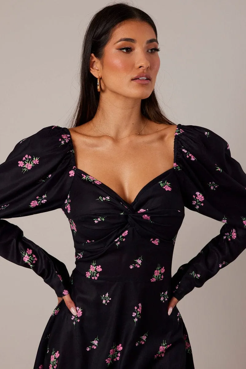 Star Soul Black Floral Skater Dress Puff Sleeve Dress Swishy