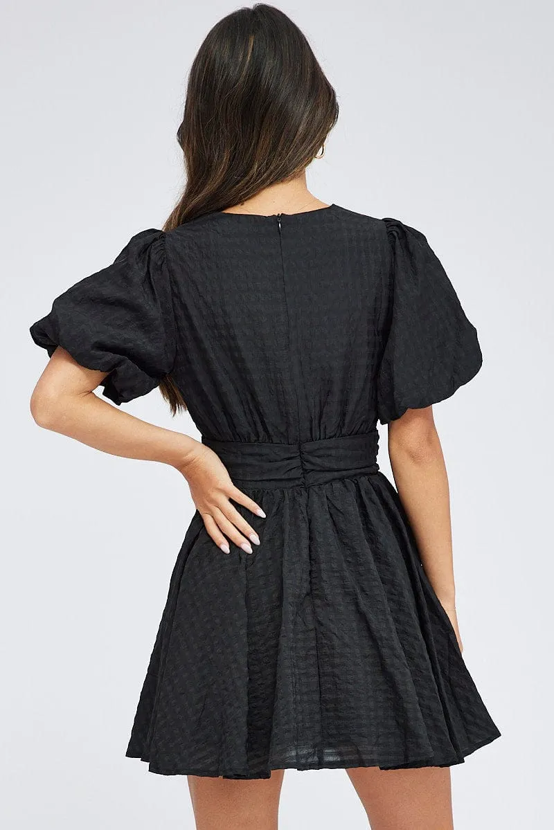 Black Fit And Flare Dress Puff Sleeve Mini Stretch Ease