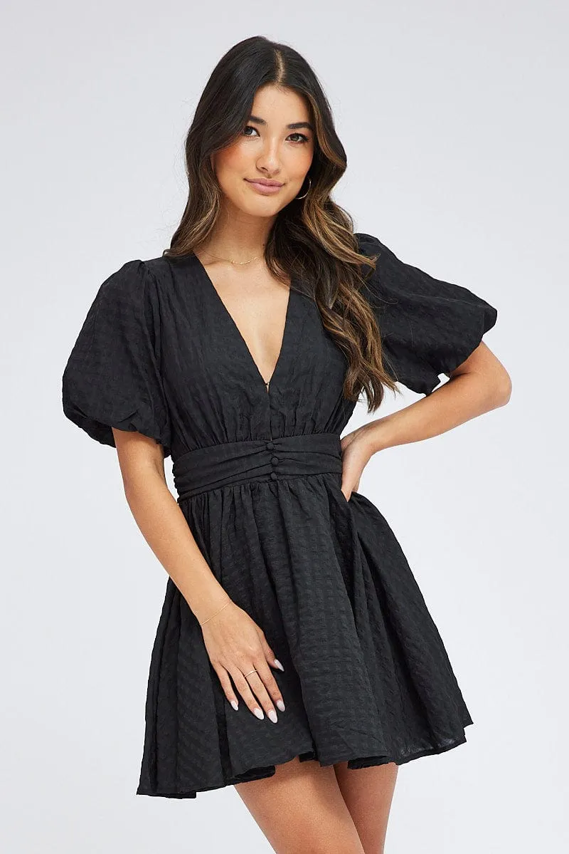 Black Fit And Flare Dress Puff Sleeve Mini AdjustableWaistband ReflectiveTrimDetails