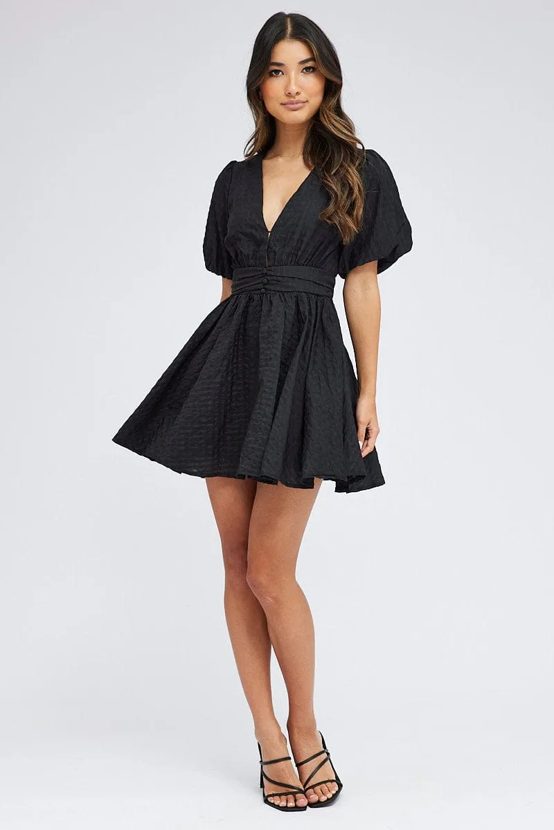 Premium Apparel AntiPilling Black Fit And Flare Dress Puff Sleeve Mini