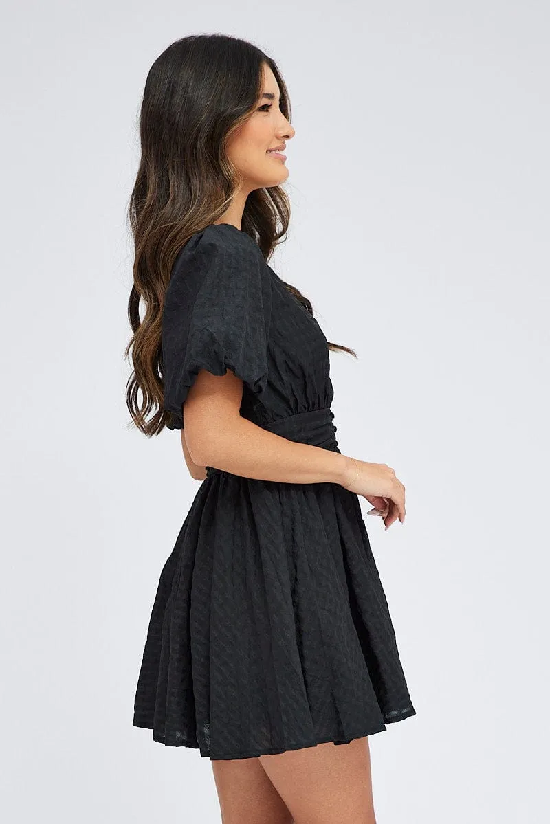 Calm Core Black Fit And Flare Dress Puff Sleeve Mini