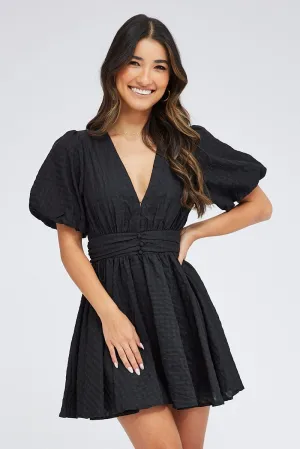 Black Fit And Flare Dress Puff Sleeve Mini Vital Core