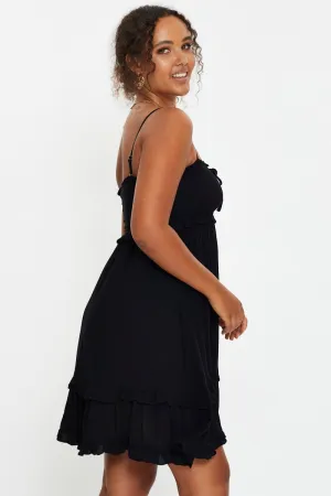 ShrinkResistant Minimalist Style Black Sleeveless Shirred Ruffle Summer Dress