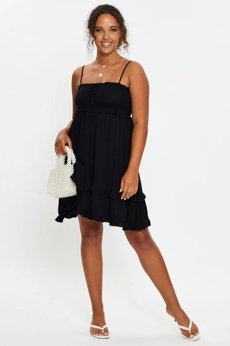 Black Sleeveless Shirred Ruffle Summer Dress Cool Glow