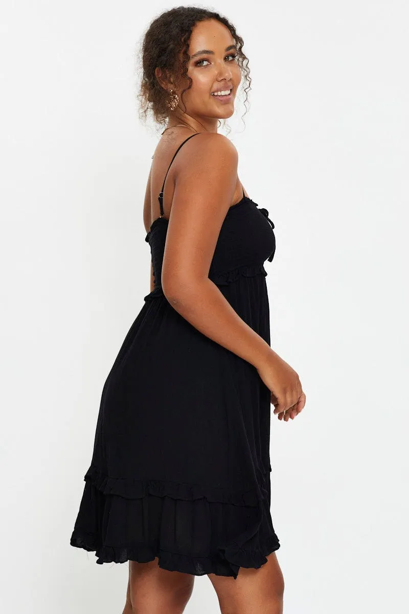 HighCollar Style Black Sleeveless Shirred Ruffle Summer Dress