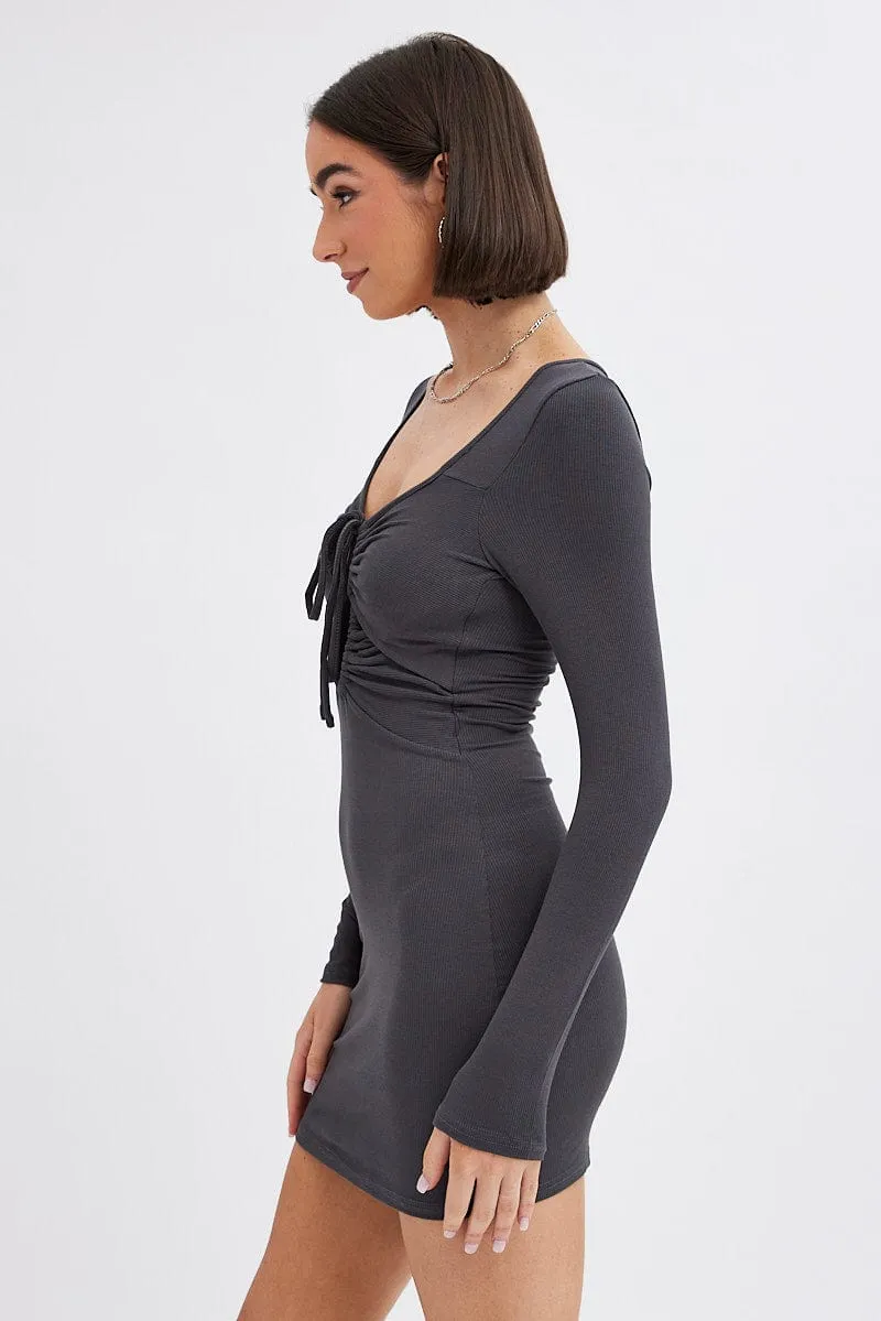 Grey Dress Long Sleeve Cut Out Details Bodycon Rib Warm Tracksuit Outdoor Wear