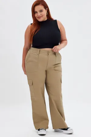 Beige Mid Rise Wide Leg Cargo Pants Simple Comfort Wear Odor Control Treatment