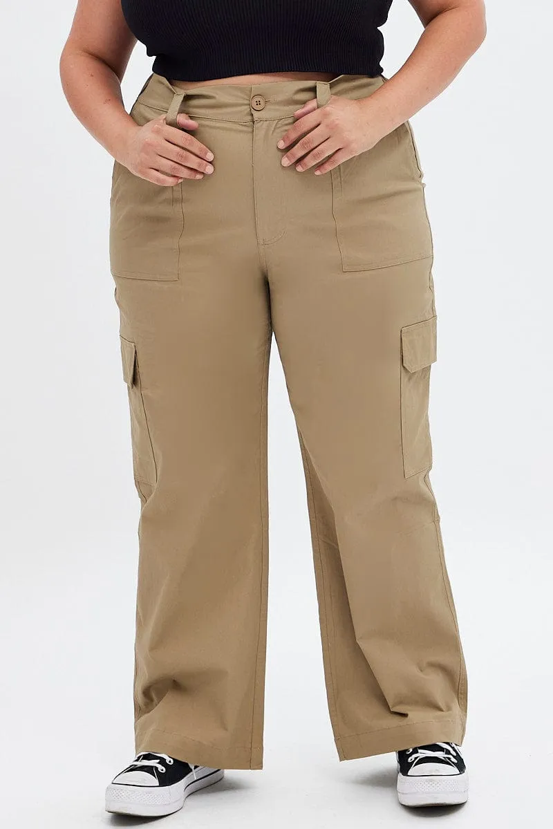 Quick Adjust Fit Tear Resistant Beige Mid Rise Wide Leg Cargo Pants
