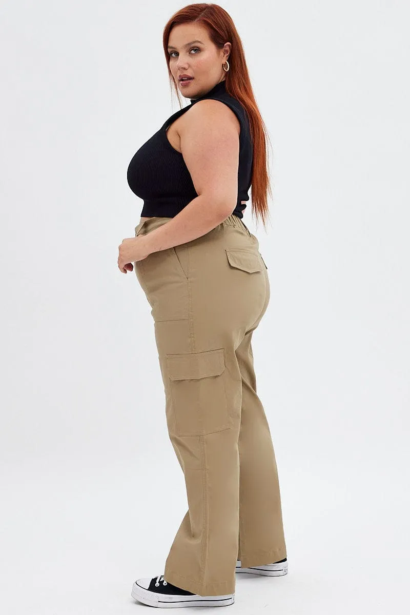 Beige Mid Rise Wide Leg Cargo Pants Slim Design