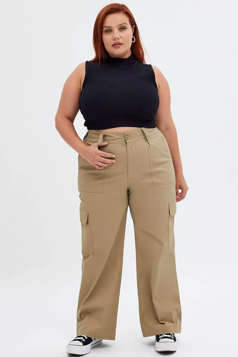 Beige Mid Rise Wide Leg Cargo Pants Yoga Ready Anti Chafe Lining