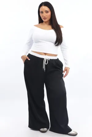 Black Contrast Waistband Wide Leg Pants Back pockets
