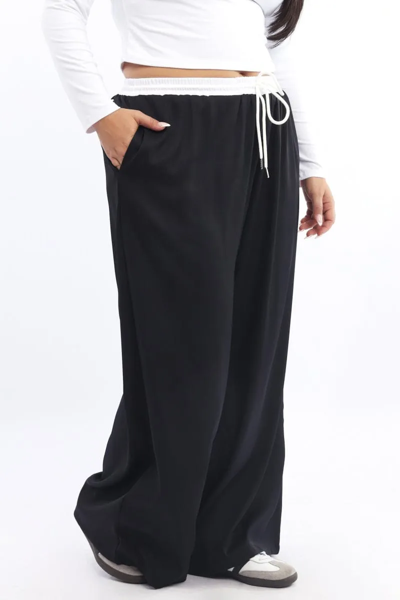 Black Contrast Waistband Wide Leg Pants RecycledMaterial Comfy Stretch