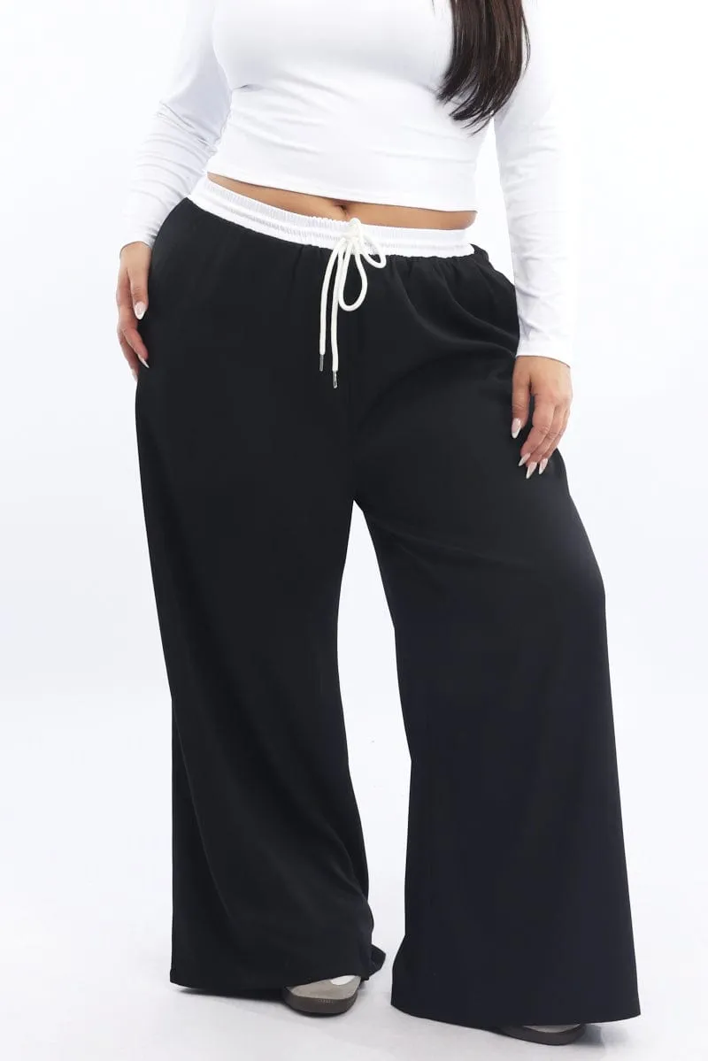 Black Contrast Waistband Wide Leg Pants Layered Wear